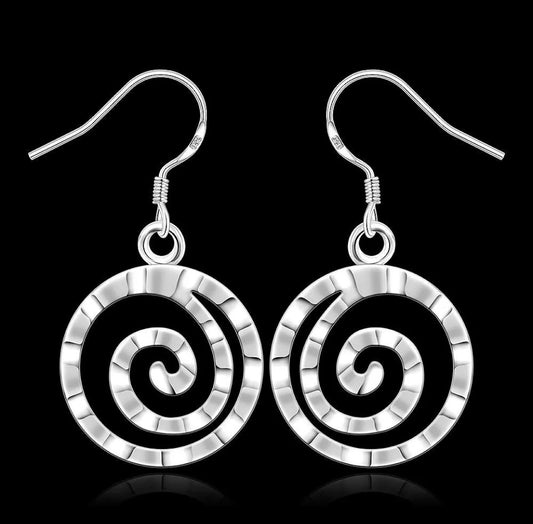 Silver Circle Earrings Drop Hammered Finish Spiral Dangle Gift Bag
