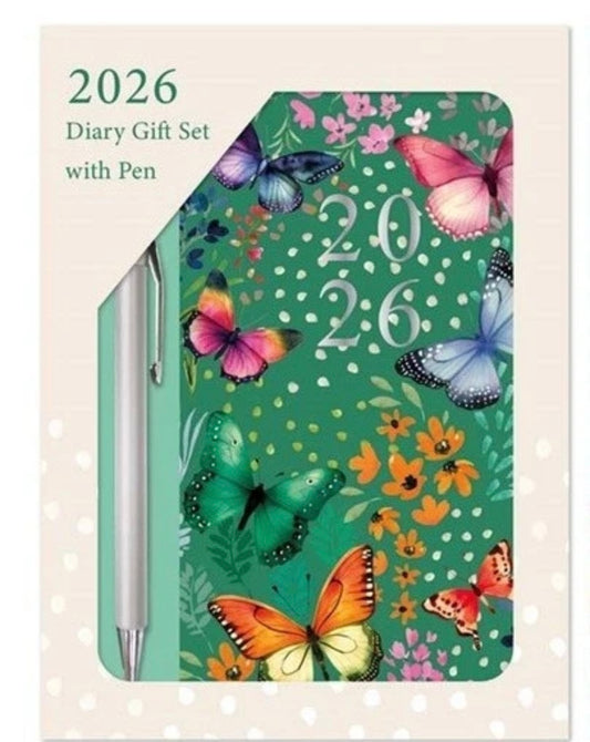 2026 Diary & Pen Slim Size Week to View Diaries Full Year Planner Gift Set Boxed Butterflies