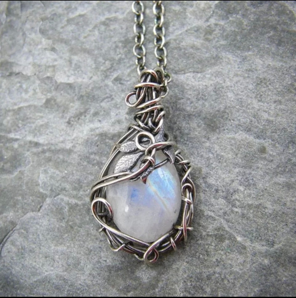 Moonstone Leaf Pendant Necklace Silver