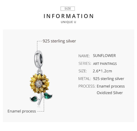 Yellow & Green Stemmed Sunflower Charm For Bracelets Silver