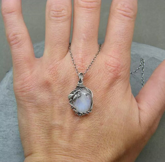 Moonstone Leaf Pendant Necklace Silver