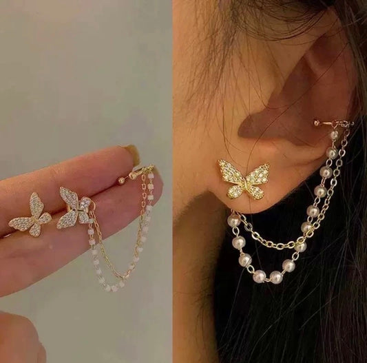 18K Gold Plated Butterfly Crystal Pearl Drop Earrings