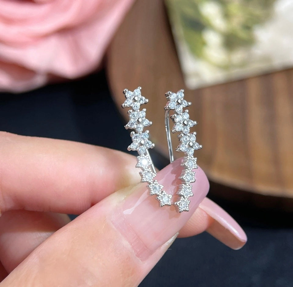 Silver CZ Curve Flower Star Ear Climber Crawler Sweep Earrings