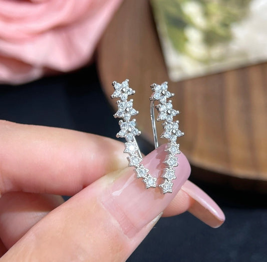 Silver CZ Curve Flower Star Ear Climber Crawler Sweep Earrings