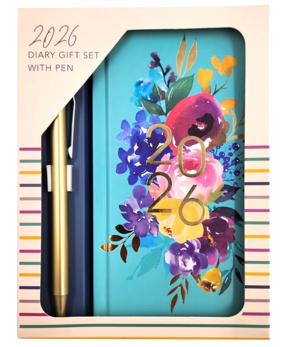 2026 Diary & Pen Slim Size Week to View Diaries Full Year Planner Gift Set Boxed Flowers