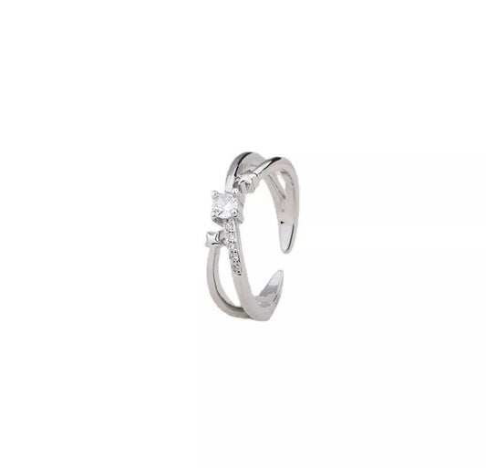 Silver Double Layer Crystal Adjustable Ring