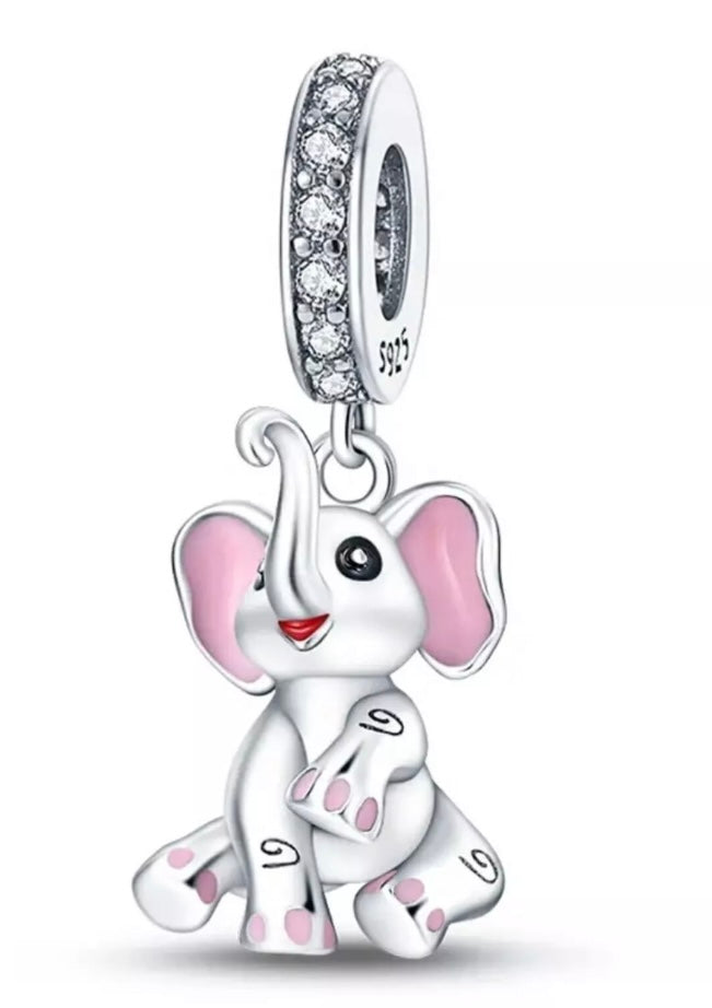 Pink Elephant Dangle Charm For European Bracelets S925 Sterling Silver