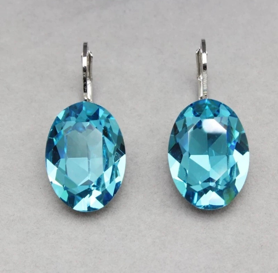 Crystal Blue Oval Stone Stud Earrings Silver