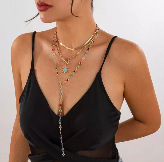 3 in 1 Necklace Multi Layer Sun Crystal Chain Choker Charm Pendant