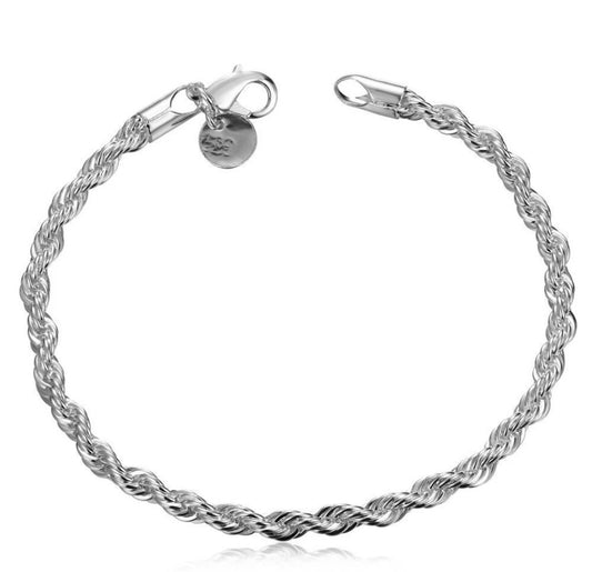 Silver Twisted Rope Bracelet 3mm Chain Link Fancy Free Gift Bag