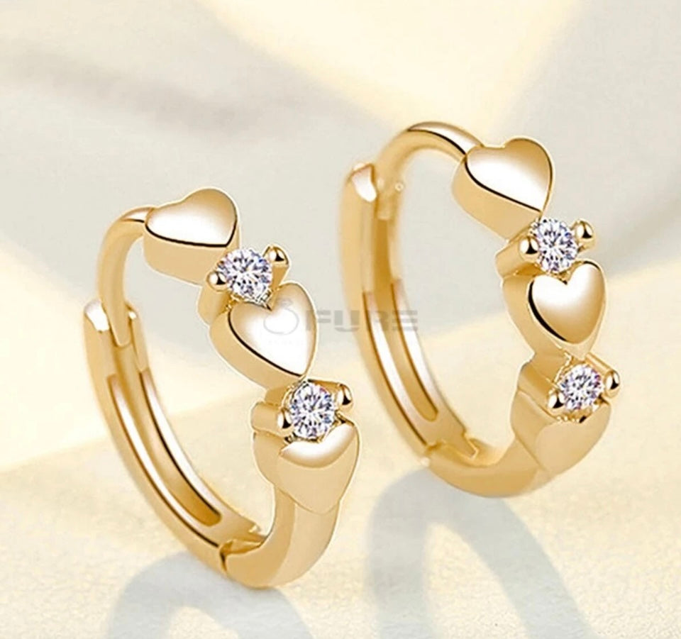 Womens CZ Crystal Heart Hoop Circle Huggie Earrings gold