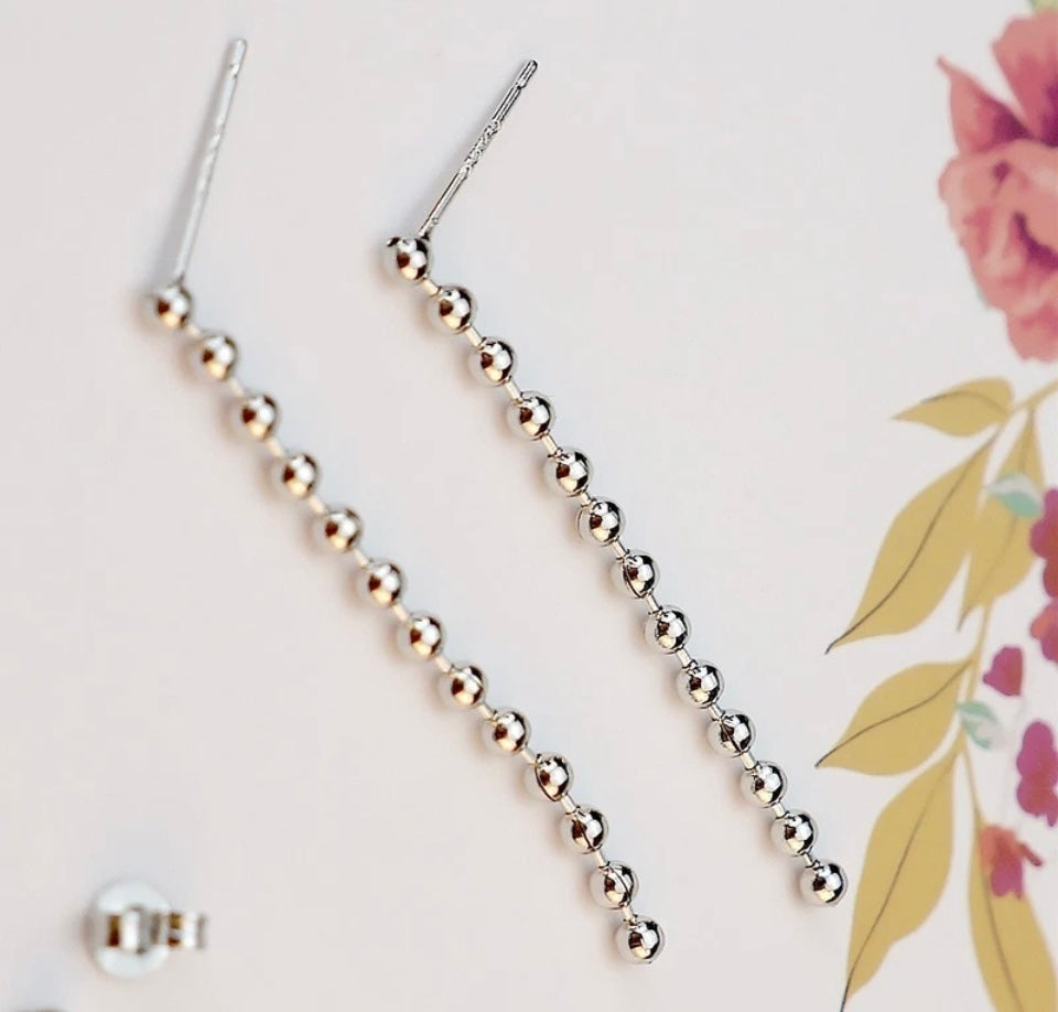 925 Sterling Silver Plain Beads Wire Long Drop Earrings