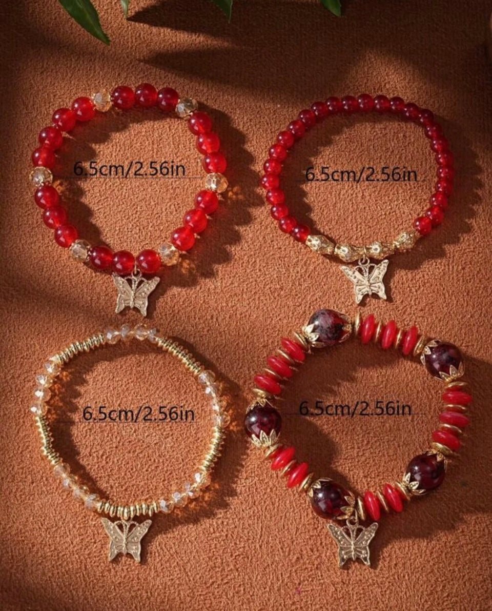 Ladies Fashion Jewellery 4pcs Gemstone Beaded Butterfly Bracelet Set Red
