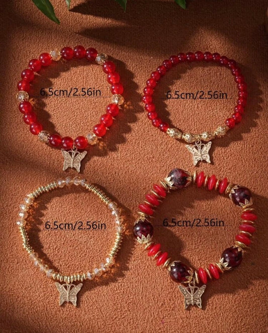 Ladies Fashion Jewellery 4pcs Gemstone Beaded Butterfly Bracelet Set Red