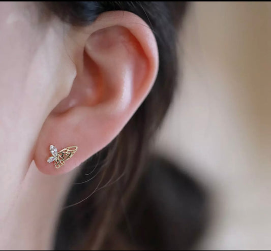 Silver Needle Girls Butterlfly Zircon Gold Earrings