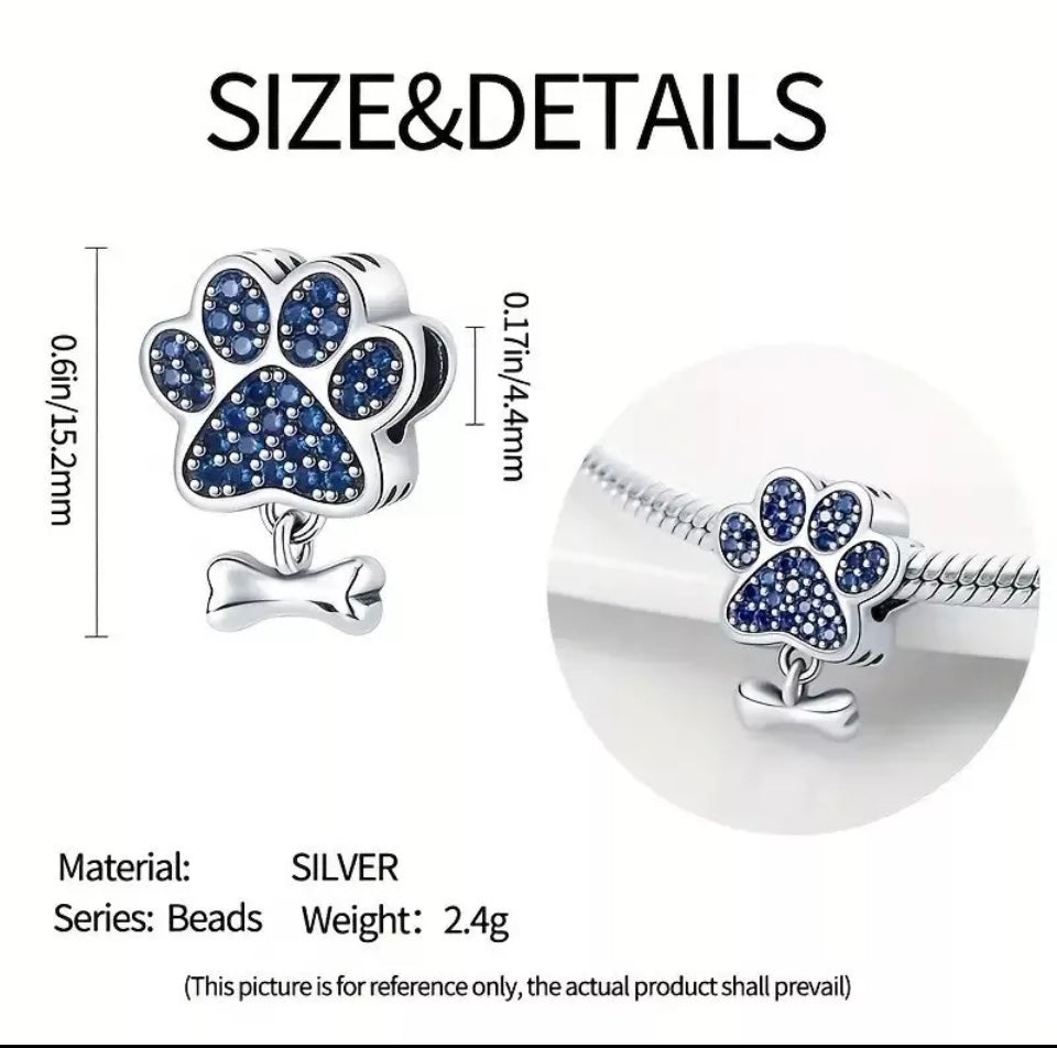 Blue Paw Print & Dog Bone Charm For European Bracelets S925 Sterling Silver