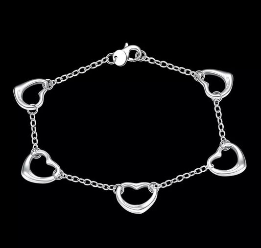 Silver Heart Bracelet Chain Link 7.5 Inch Free Gift Bag