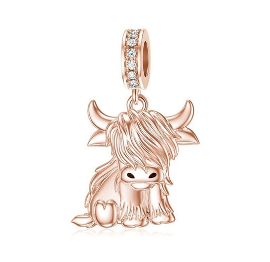 Rose Gold Scottish Highland Dangle Cow Charm For Bracelets S925 Sterling Silver