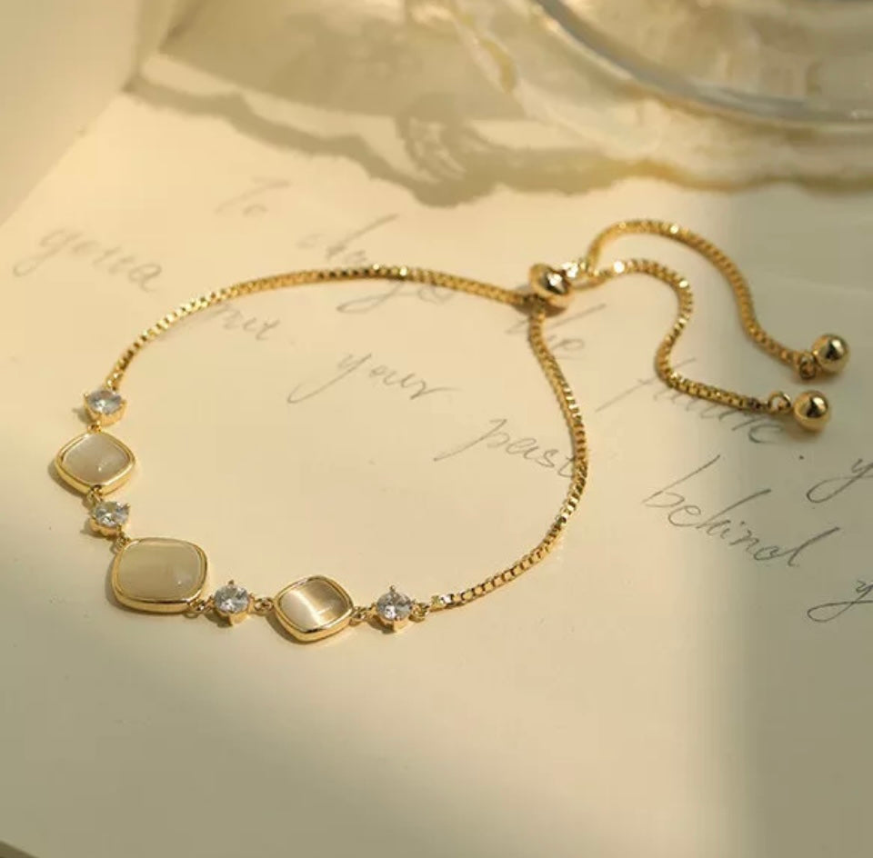Silver Moonstone Squares Crystals Gold Bracelet