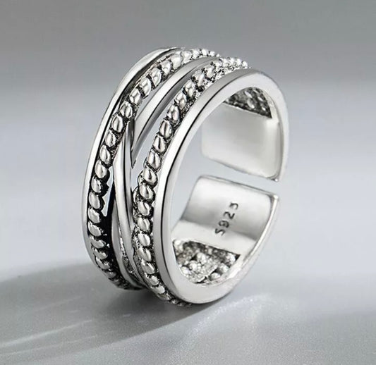 Mens Braided Twisted Rope Adjustable Ring Silver
