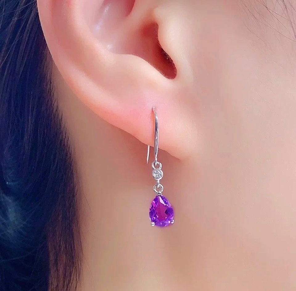 Purple pear halo drop earrings