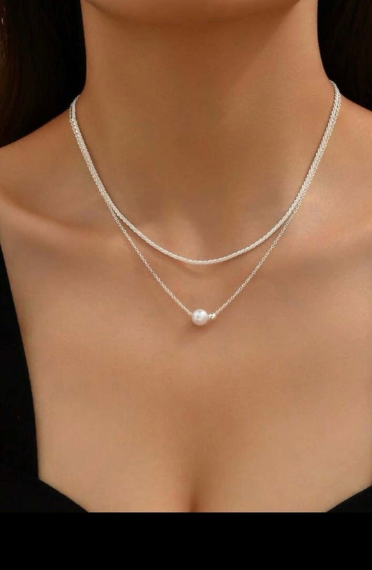 Fashion jewellery double layer faux pearl silver necklace