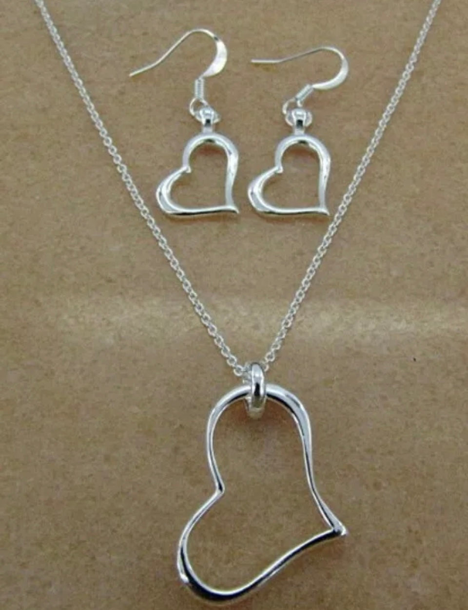Silver Heart Necklace Earrings Set Free Gift Bag