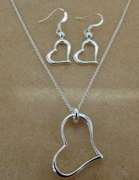 Silver Heart Necklace Earrings Set Free Gift Bag