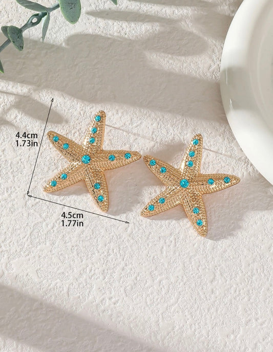 Gold Starfish Statement Earrings Blue Rhinestones Beach Ocean Inspired