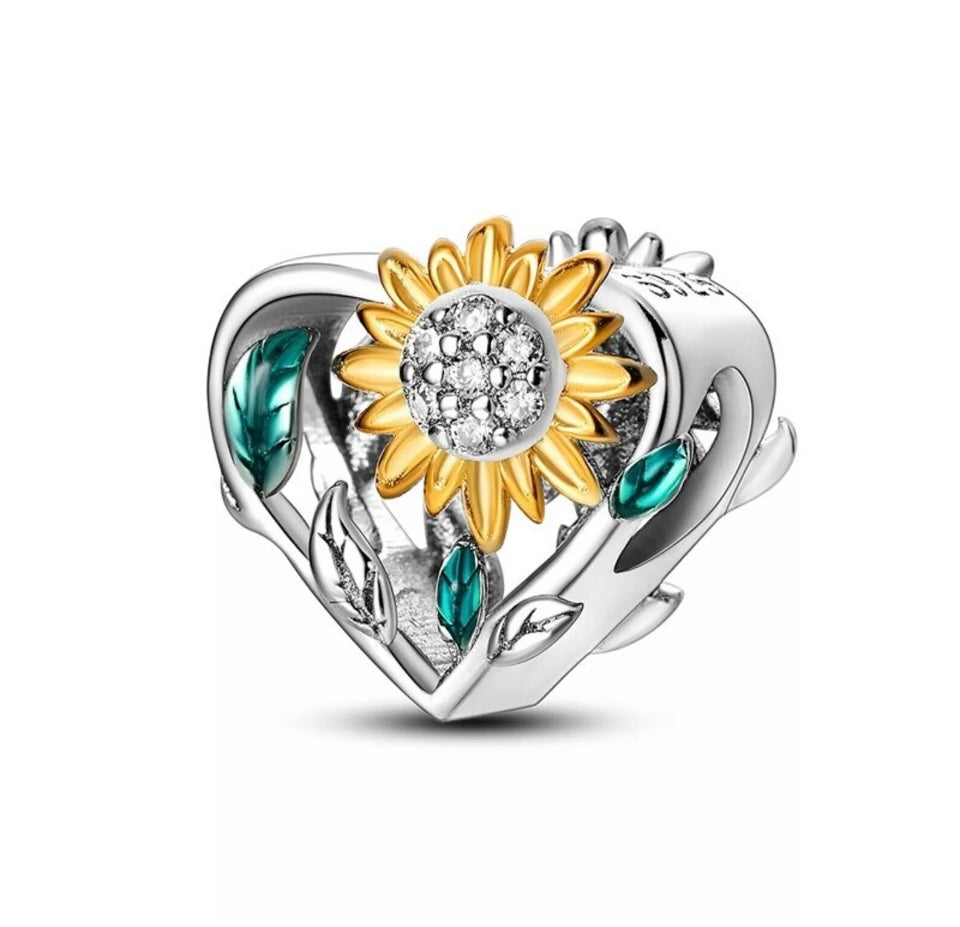 Blooming Sunflower Heart Charm For European Bracelets S925 Sterling Silver