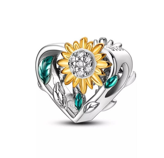 Blooming Sunflower Heart Charm For European Bracelets S925 Sterling Silver