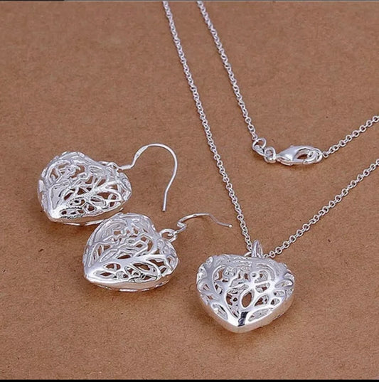 Silver Heart Necklace Earrings Set Filigree style Free Gift Bag
