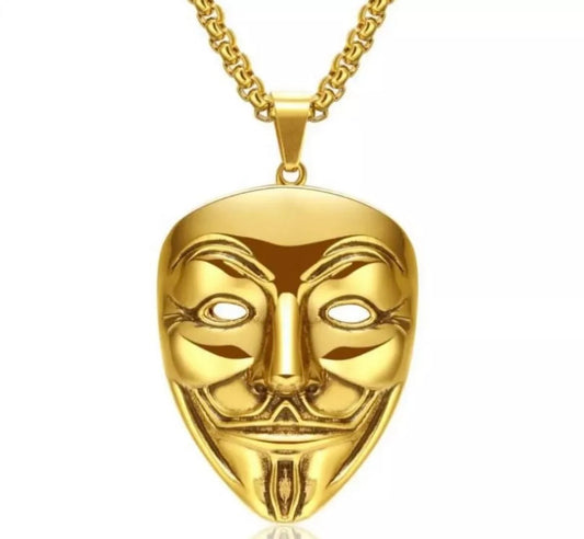 Vendetta Mask Pendant Guy Fawkes Gold Necklace Gothic Biker