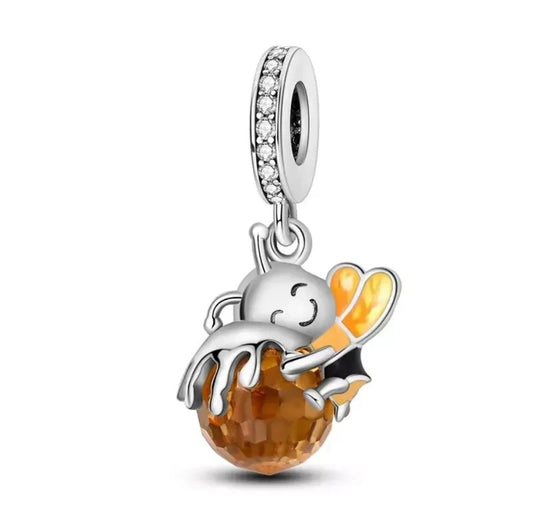 Bumble Bee Honeycomb Dangle Charm Bead 925 Sterling Silver