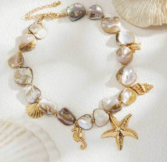 Beach Sea Shell Star Charms Beads Gold Pearl Chain Necklace