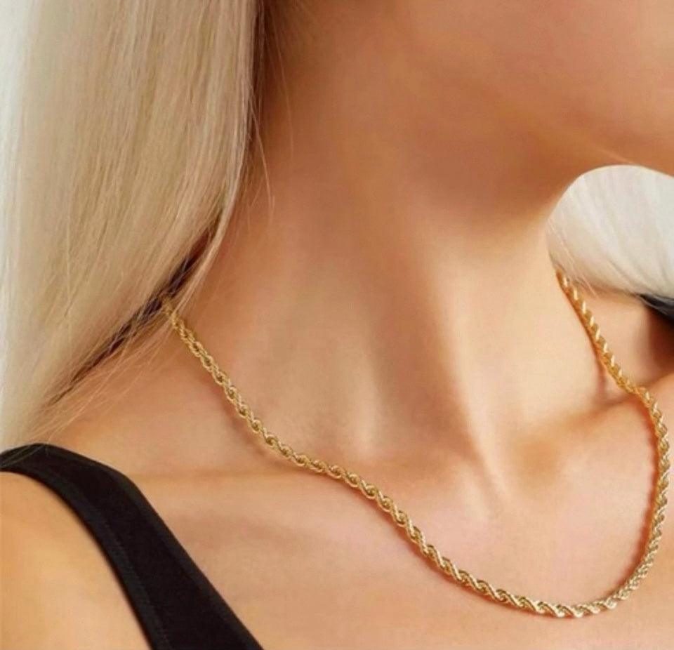18K Gold Plated 3mm Minimalist Statement Twist Rope Chain Premium Look Necklace