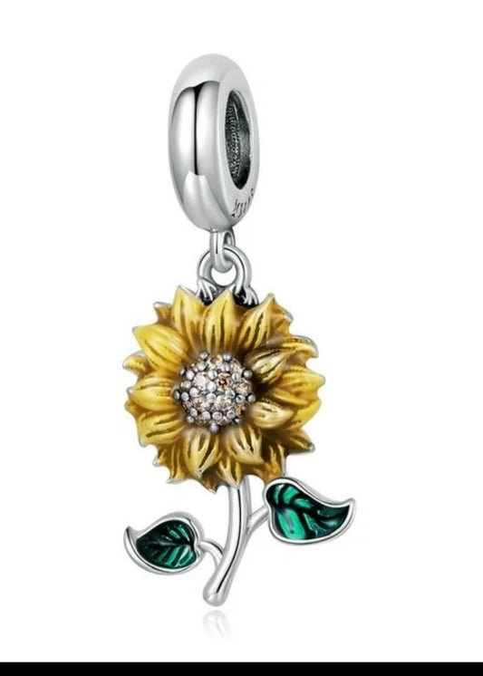 Yellow & Green Stemmed Sunflower Charm For Bracelets Silver