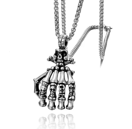 SKULL HANDS Pendant Necklace Chain Titanium Silver Gothic Punk Biker Men