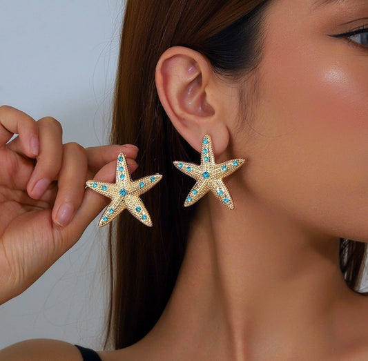Gold Starfish Statement Earrings Blue Rhinestones Beach Ocean Inspired