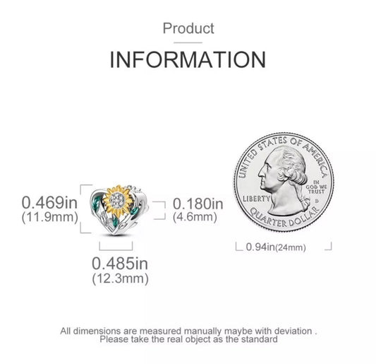 Blooming Sunflower Heart Charm For European Bracelets S925 Sterling Silver