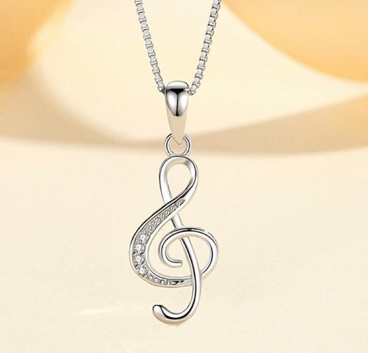 925 Sterling Silver Crystal Musical Note Pendant Necklace