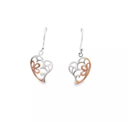 925 Silver & Rose Gold Heart Flower Duo Dangly Earrings RRP£30 Boxed