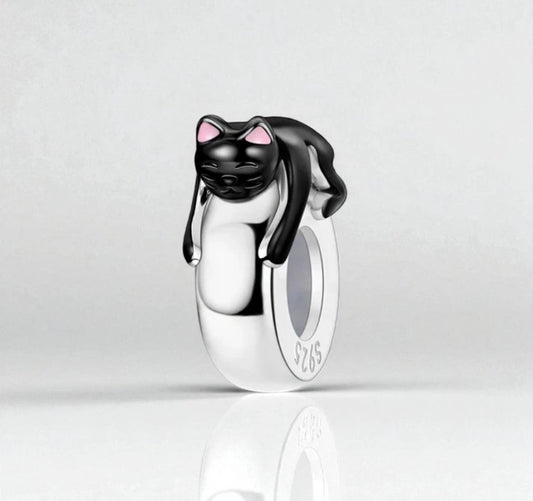Cute Black Cat Stopper For Bracelets S925 Sterling Silver