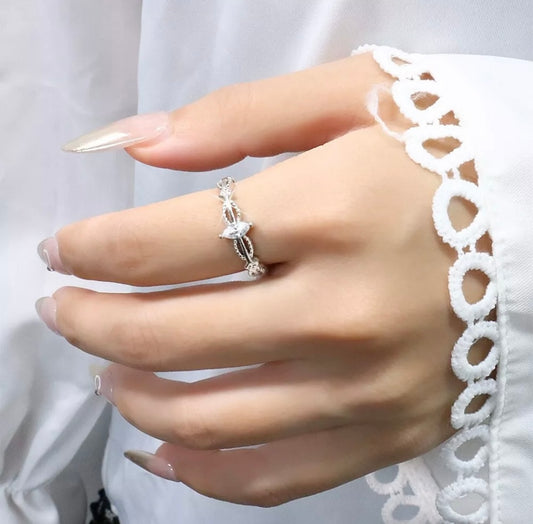 Silver Double Layer Crystals Adjustable Ring