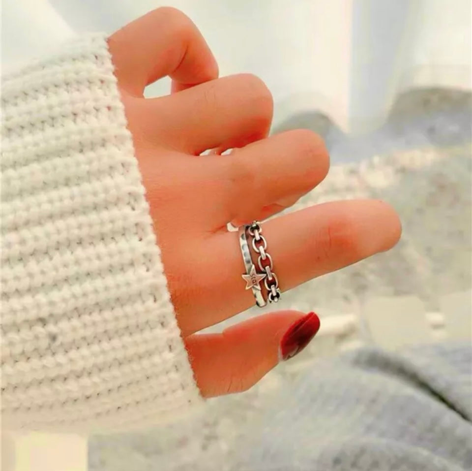 Vintage Star Twist Rope Adjustable Ring Silver