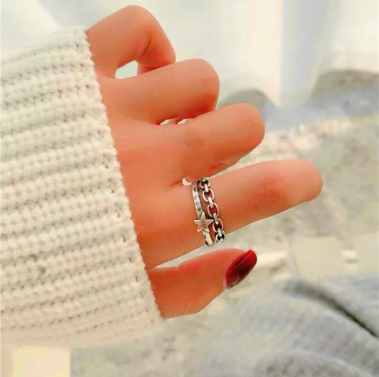 Vintage Star Twist Rope Adjustable Ring Silver