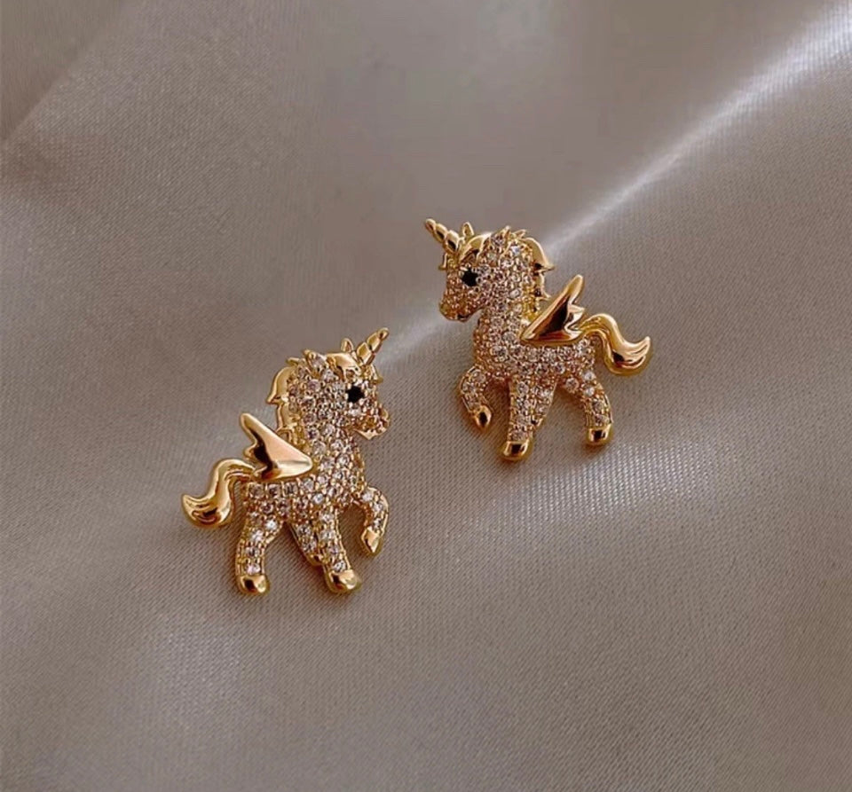 Cute Unicorn Rhinestone Gold Plated Stud Earrings