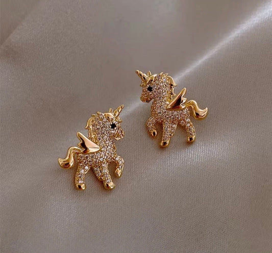 Cute Unicorn Rhinestone Gold Plated Stud Earrings
