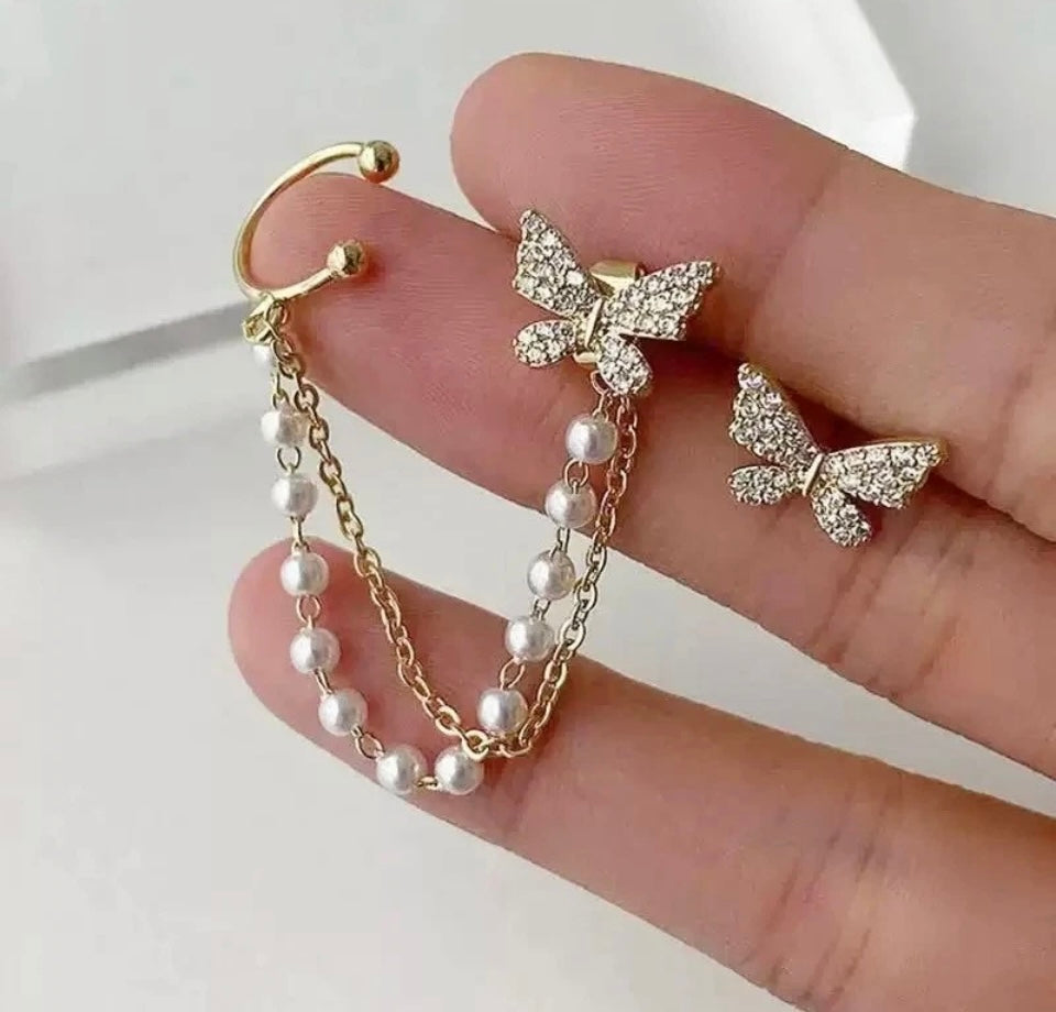 18K Gold Plated Butterfly Crystal Pearl Drop Earrings