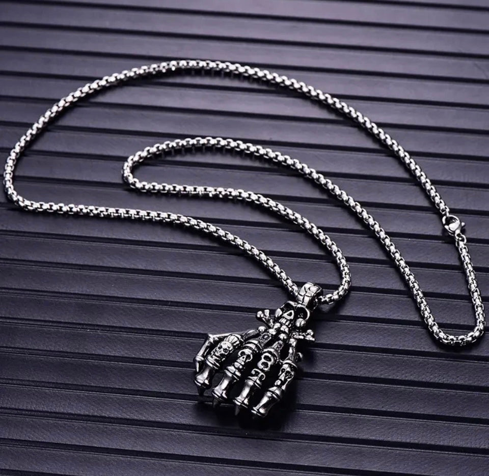 SKULL HANDS Pendant Necklace Chain Titanium Silver Gothic Punk Biker Men